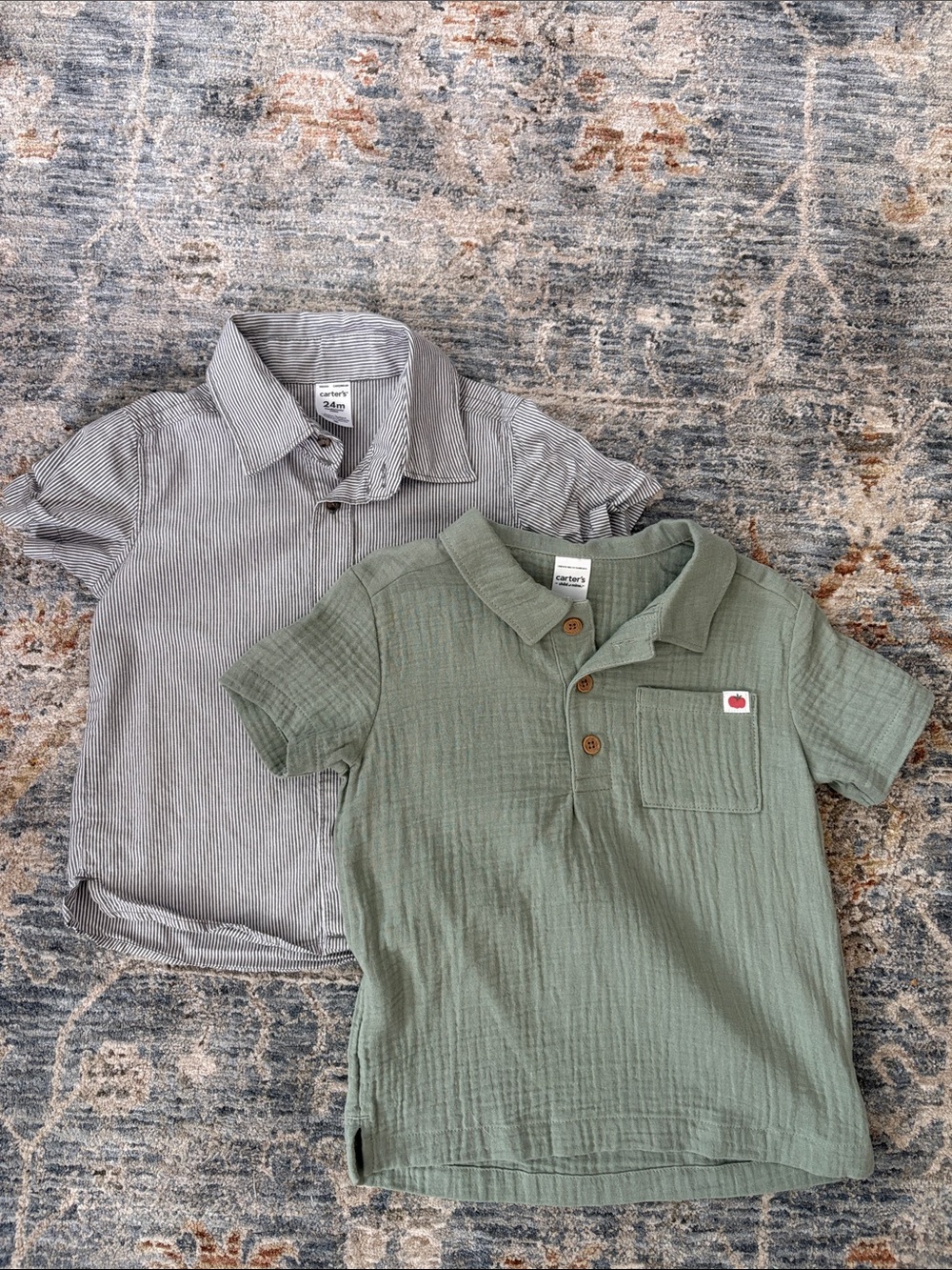 2 Carter's Olive Green Short-Sleeve Polo and Gray Striped Shirt Set, 24mo